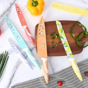 Uptrust 5 Piece Colorful Floral Kitchen Knife with Covers Set NWT